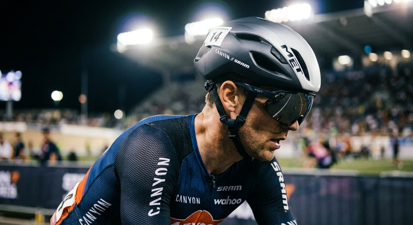 Close-up of a racing cyclist's aerodynamic helmet and jersey texture, showcasing fine details under cinematic stadium lighting.