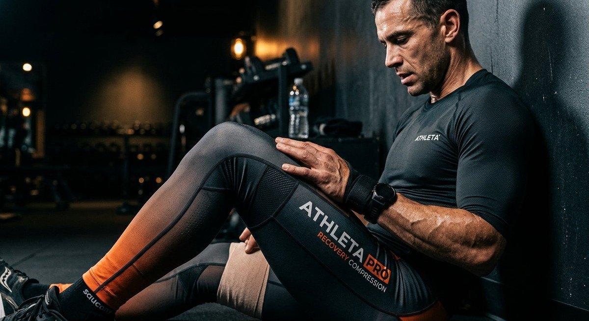Close-up of a recovery-focused athlete wearing professional compression gear, shot with high-contrast cinematic lighting and sharp, realistic textures.