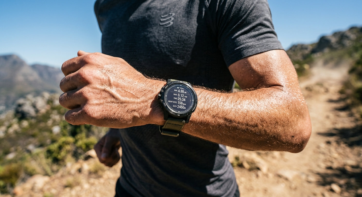 Close-up of a rugged sports watch with a MIP display showing clear metrics under harsh, direct midday sunlight.