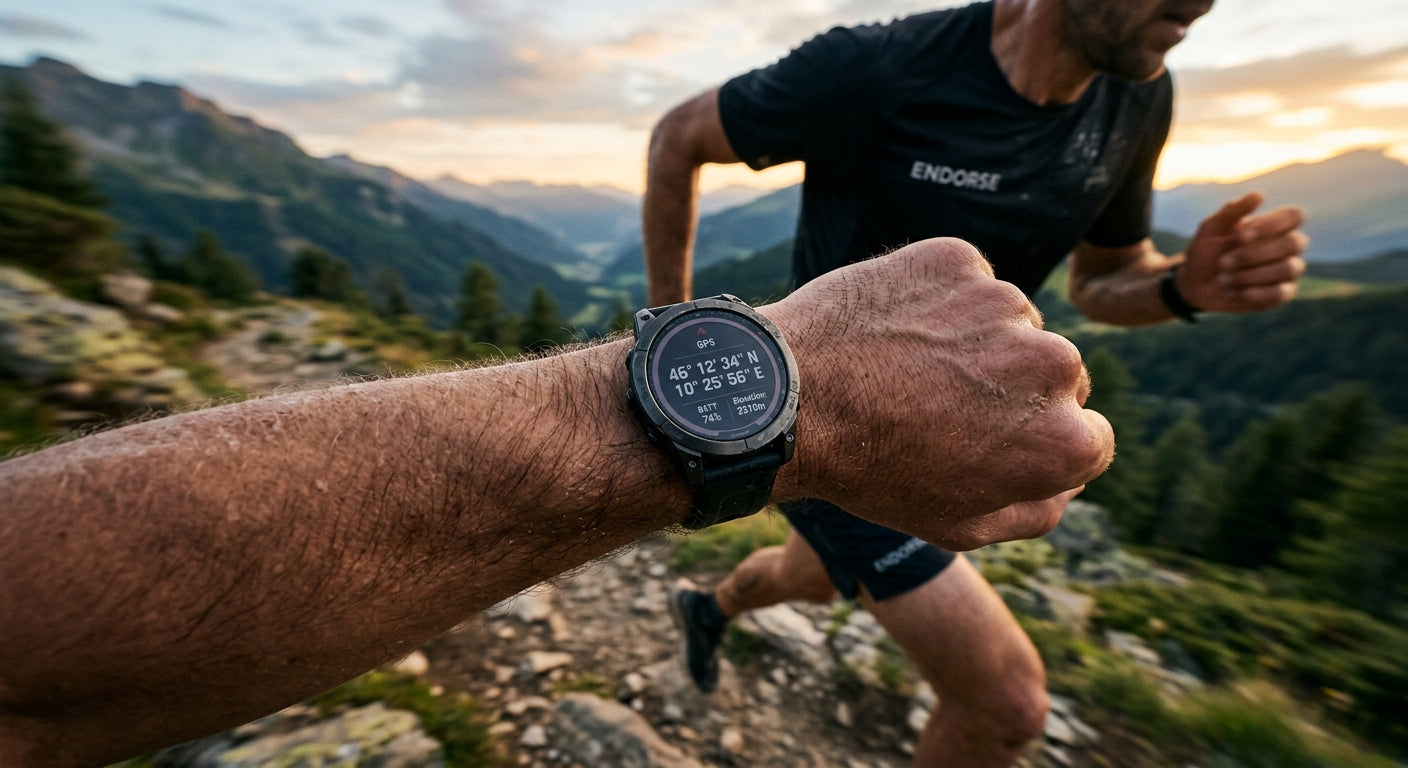 Close-up of a rugged titanium endurance watch screen displaying GPS coordinates and battery percentage, captured with cinematic motion blur.