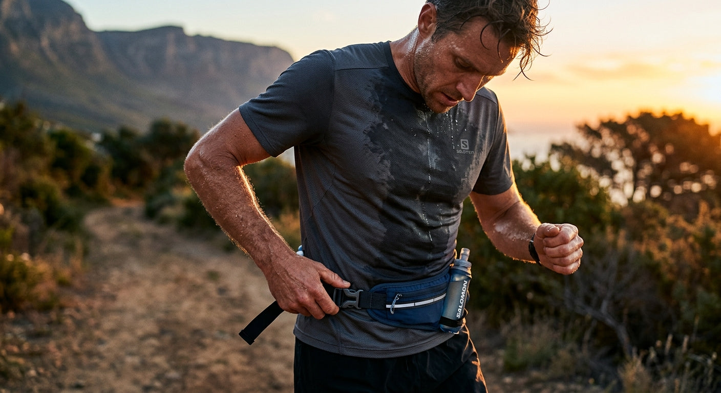 Close-up of a runner adjusting a hydration belt with sweat beads and realistic skin texture under cinematic lights.