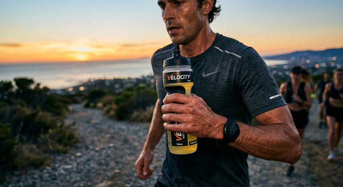 Close-up of a runner holding a high-performance electrolyte bottle during a dusk training session