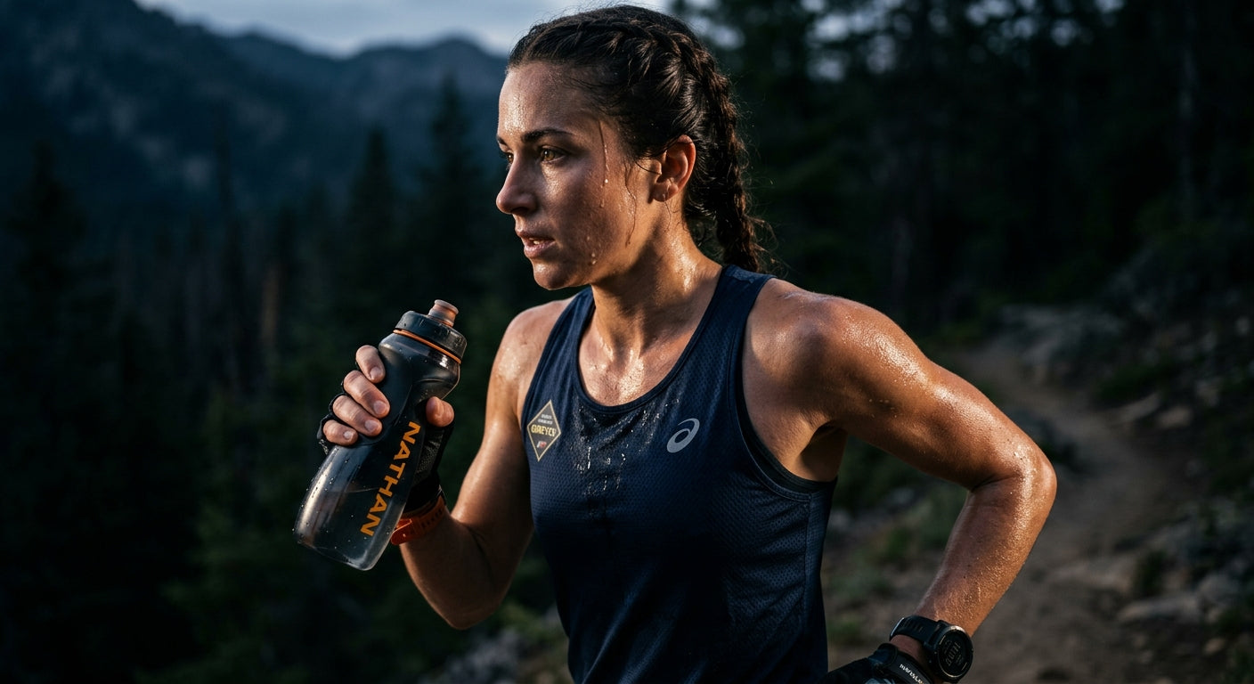 Close-up of a runner holding a professional hydration bottle, sweat glistening on skin, captured in sharp, moody, high-contrast detail.