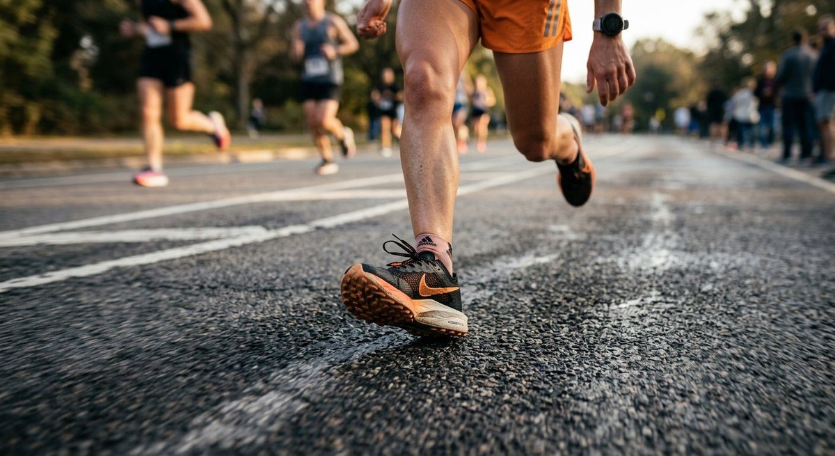 Close-up of a runner's athletic shoes hitting the pavement with motion blur, highlighting the technical design and textures of modern racing gear.