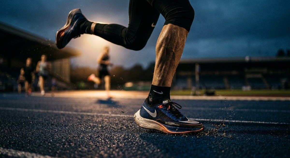 Close-up of a runner's athletic shoes hitting the track with sharp focus and cinematic moody lighting.