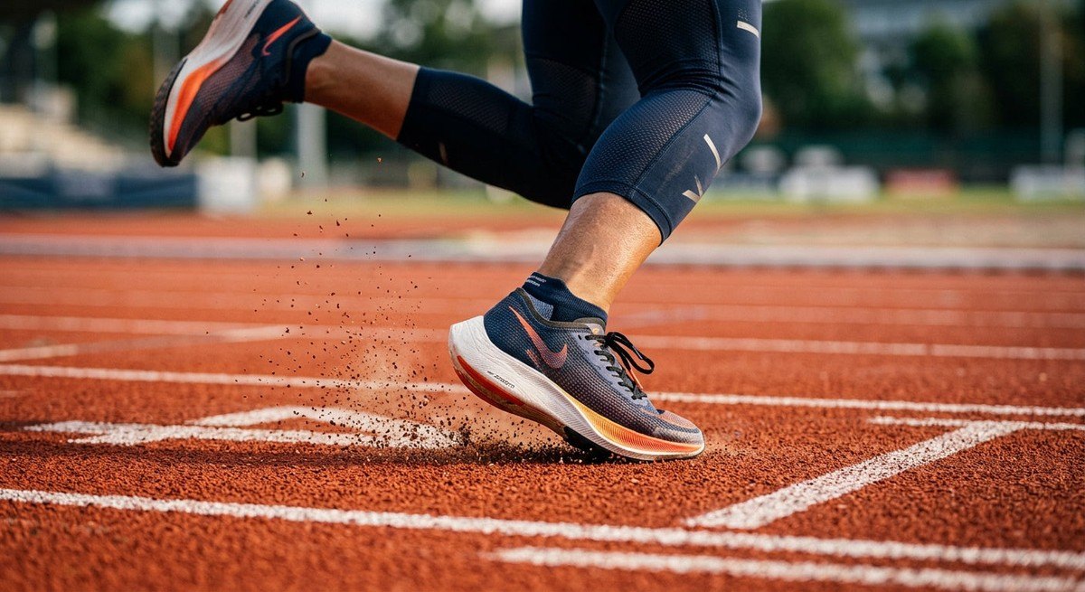 Close-up of a runner's athletic shoes hitting the ground, capturing the textures of the track and the intensity of the motion.