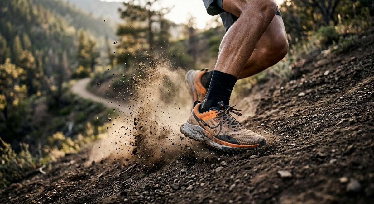 Close-up of a runner's athletic trainers hitting the dirt on an incline, showing high-speed texture and dynamic dust particles.