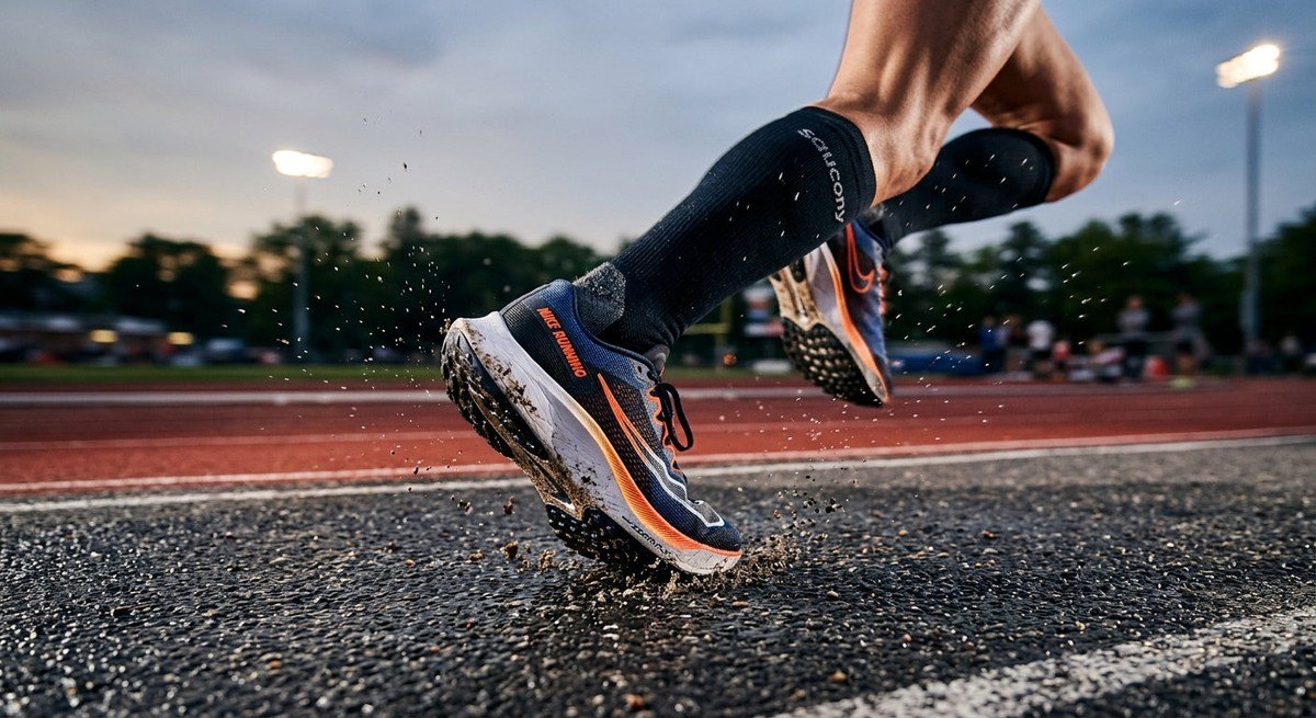 Close-up of a runner's athletic trainers hitting the ground with motion blur, showcasing high-speed detail and texture.