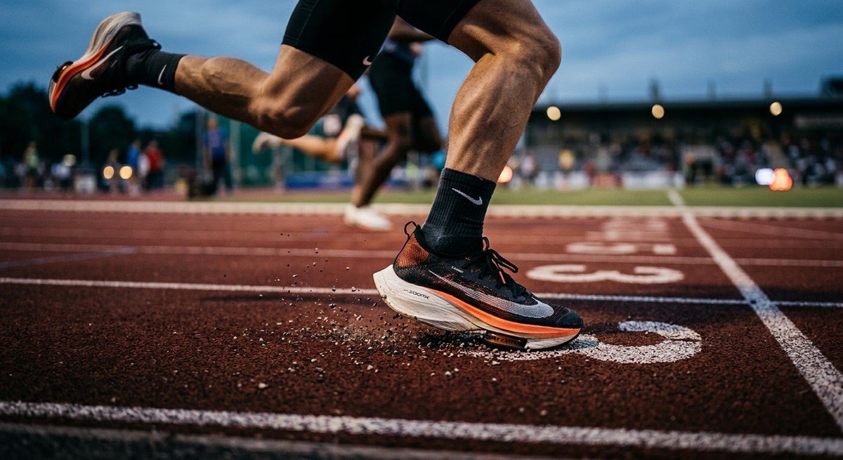 Close-up of a runner's carbon-plated shoes striking the track, showcasing high-speed detail and cinematic lighting.