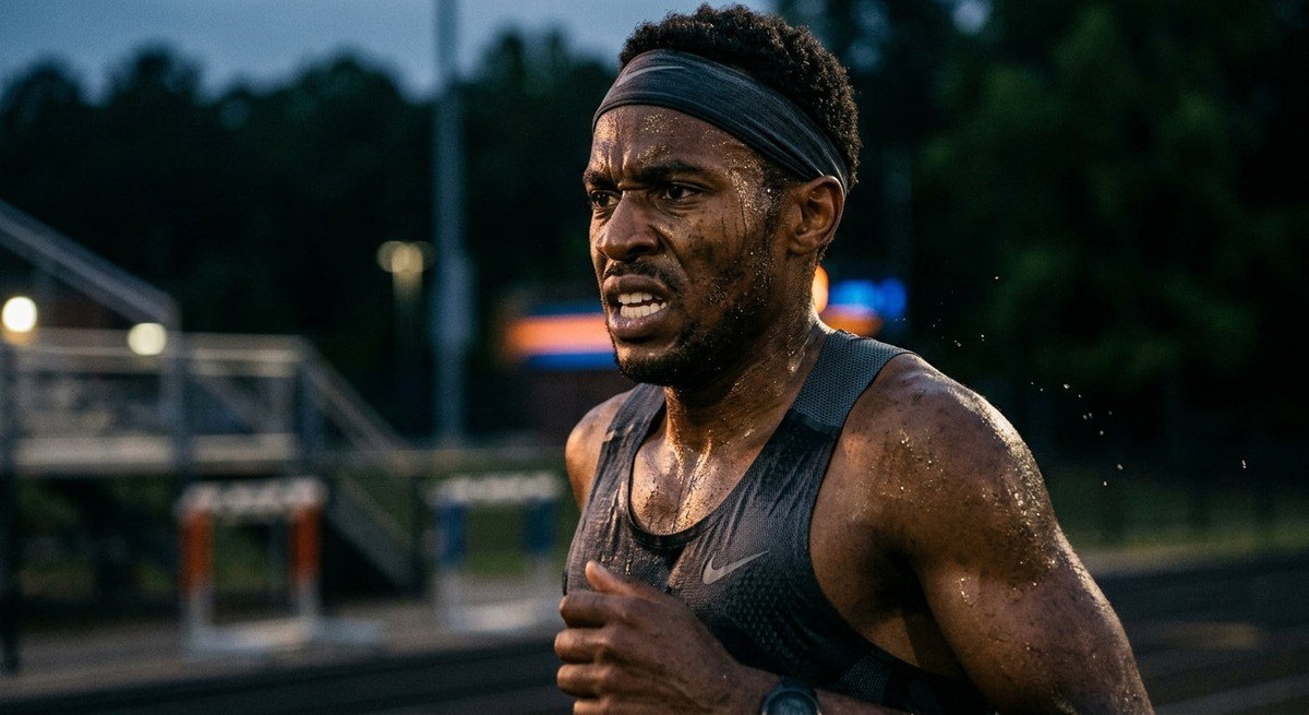 Close-up of a runner's determined face during a high-intensity workout, captured with moody cinematic lighting and sharp, realistic skin textures.