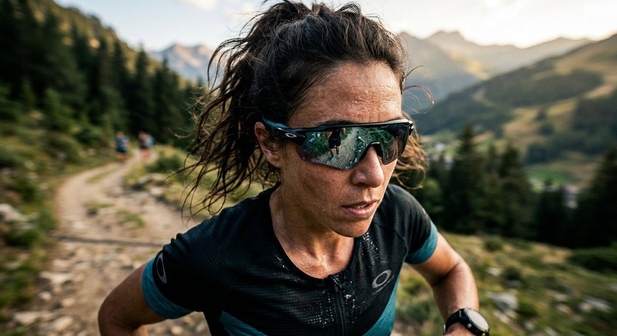 Close-up of a runner's eyes behind reflective sports sunglasses, capturing the intense focus and motion blur of a trail run.