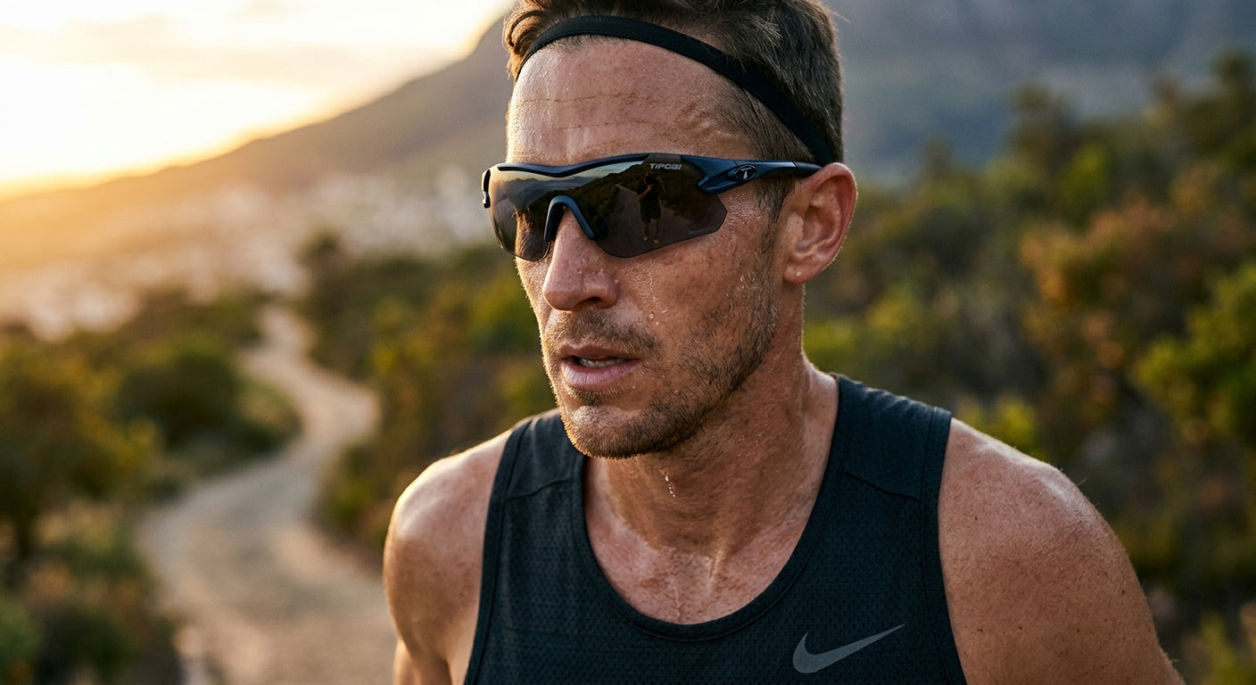 Close-up of a runner's face wearing Tifosi Moab photochromic glasses, highlighting the sharp, realistic textures and the aggressive, aerodynamic shape of the lens.