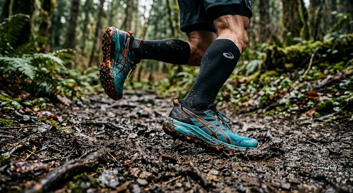 Close-up of a runner's feet in ASICS Fuji Lite 5 shoes, mid-stride on a wet, muddy forest track with sharp focus on the lug patterns and fine textures of the ground.