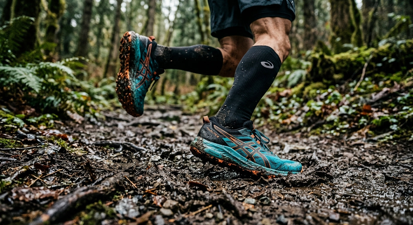 Close-up of a runner's feet in ASICS Fuji Lite 5 shoes, mid-stride on a wet, muddy forest track with sharp focus on the lug patterns and fine textures of the ground.