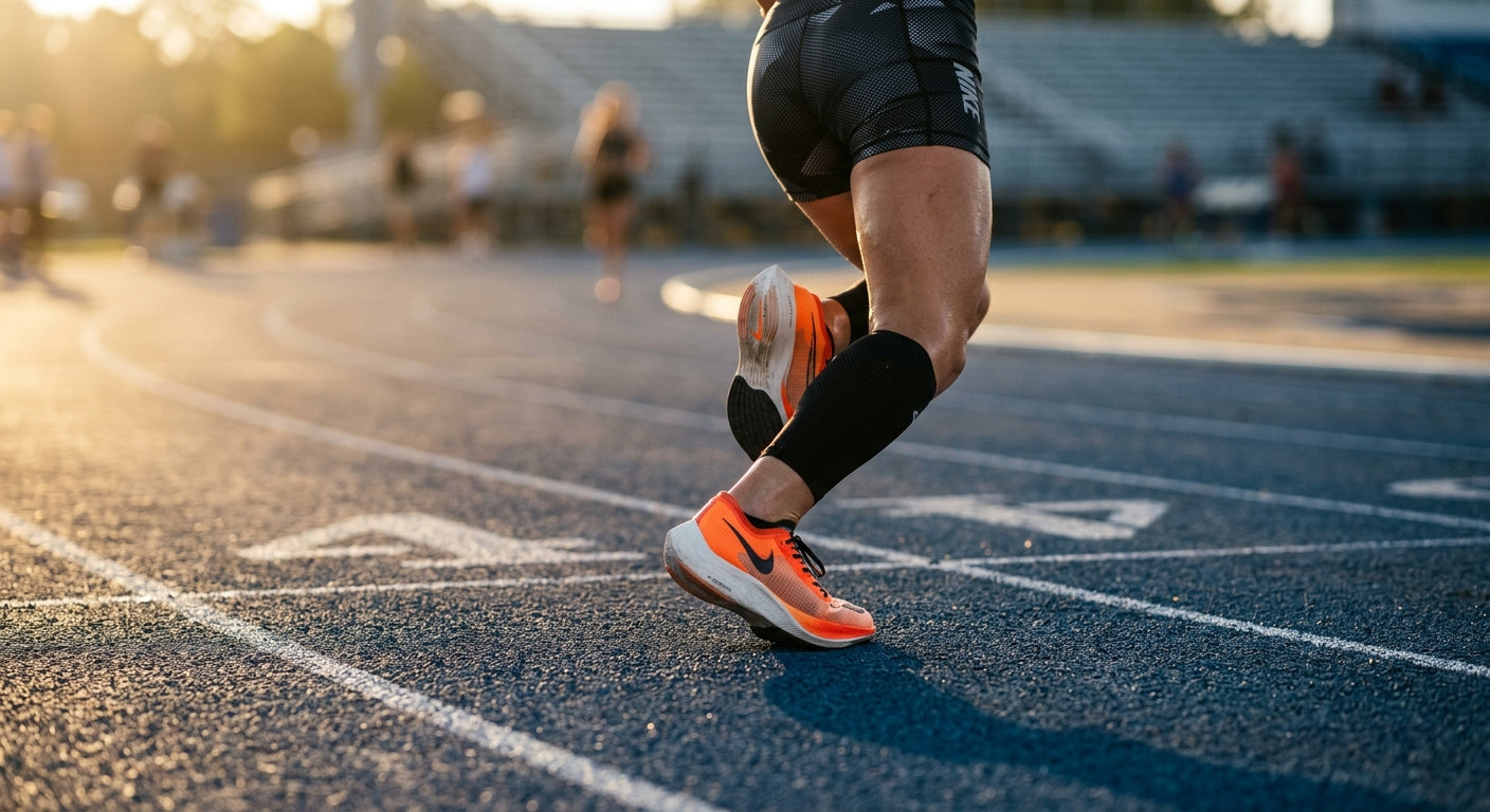 Close-up of a runner's footwear making contact with the track surface directly beneath the centre of mass, showcasing proper form and technical running shorts.