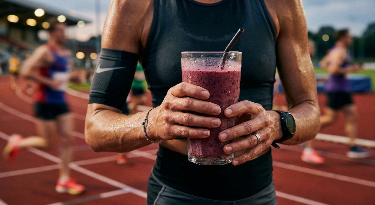 Close-up of a runner's hands holding a glass of fresh post-workout protein smoothie, motion blur of an athletic track in the background.