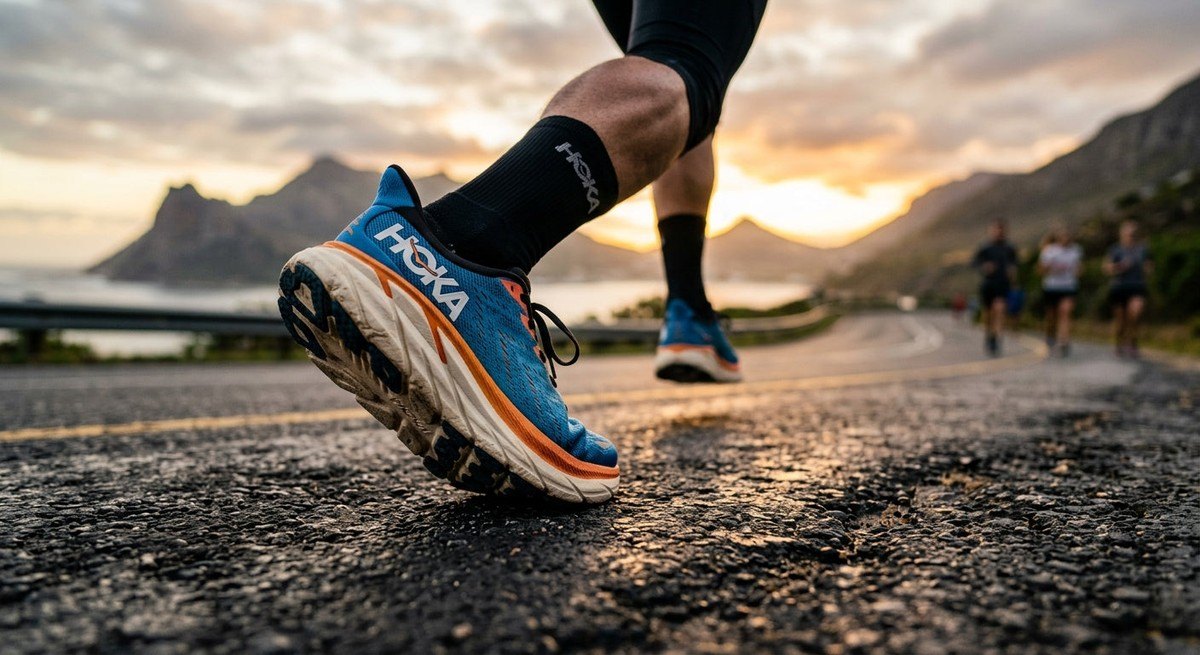 Close-up of a runner's HOKA Clifton Pro footwear on an asphalt road, highlighting the advanced midsole foam texture and sharp, cinematic depth of field.