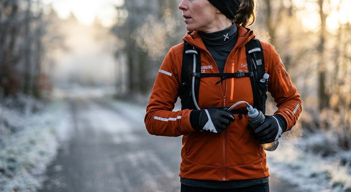 Close-up of a runner's layered technical clothing and high-visibility gear during a cold winter morning session.