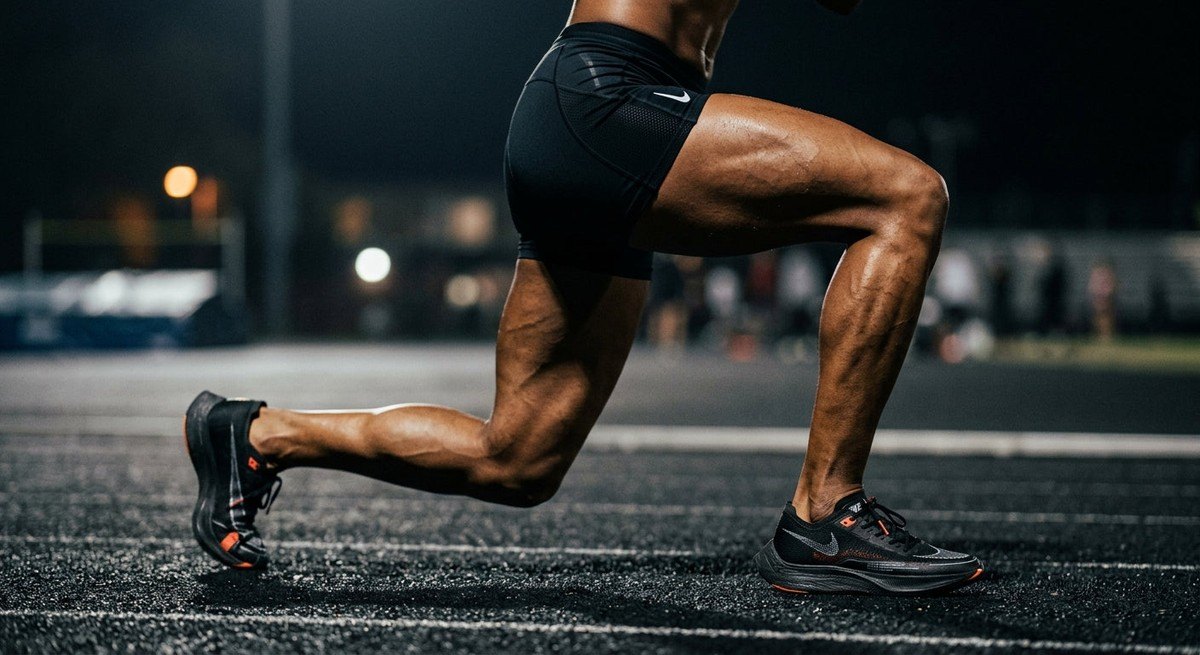 Close-up of a runner's legs during a dynamic lunge, showing intense muscular definition and motion blur against a dark, dramatic background.