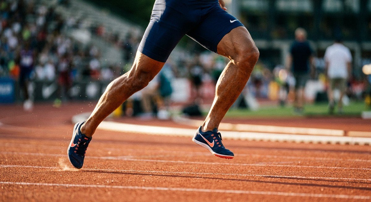 Close-up of a runner's legs in athletic racing shorts with dramatic contrast, highlighting the texture of the track and intense muscular effort.