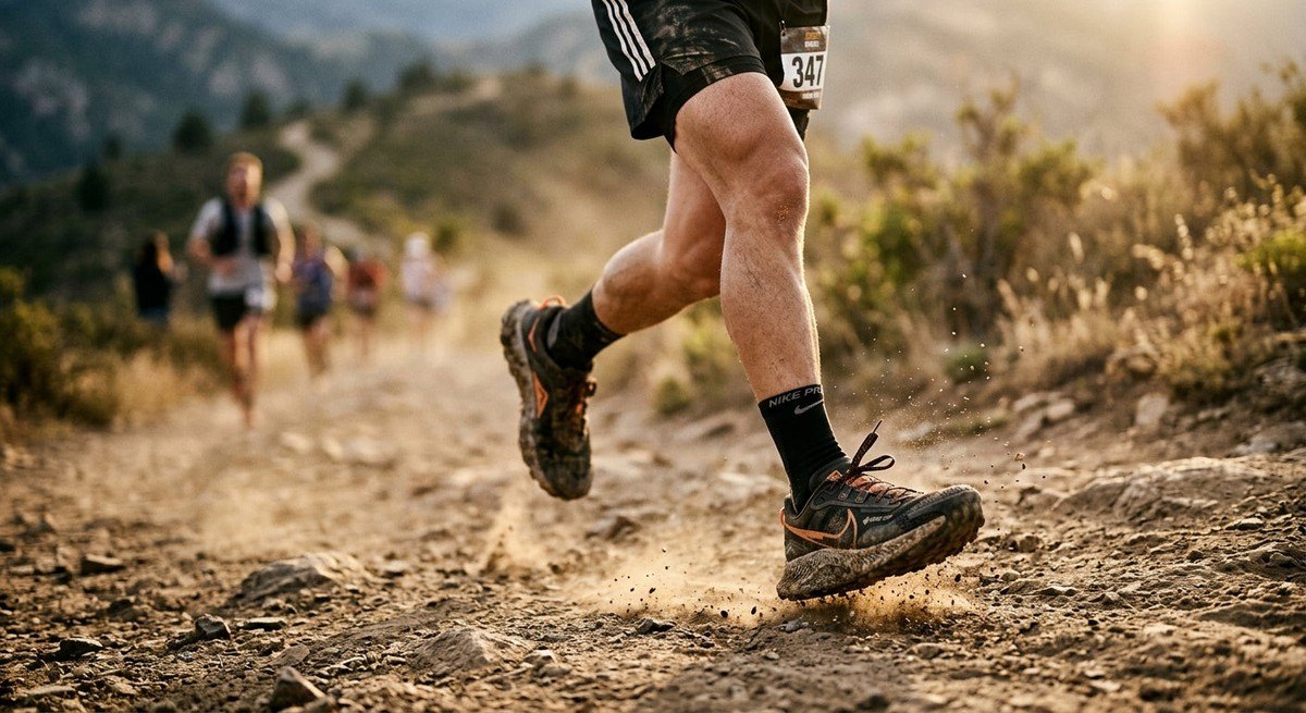 Close-up of a runner's legs in motion, capturing the intense texture of trail running shoes and the dusty, high-contrast atmosphere of a race.