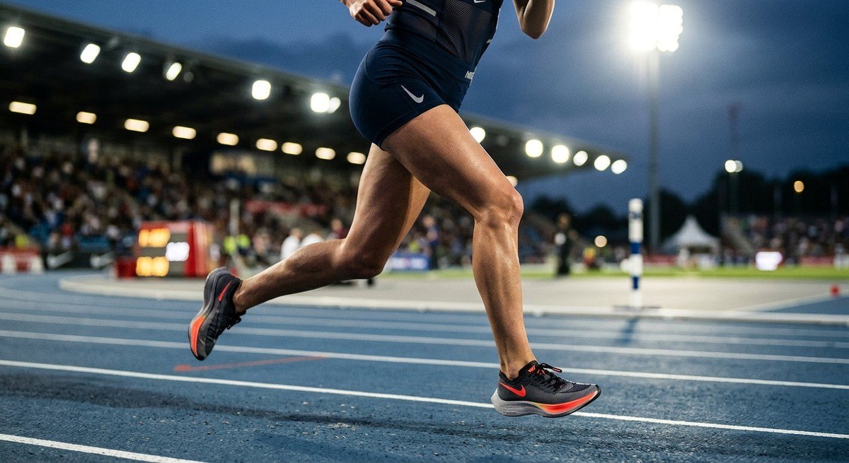 Close-up of a runner's legs in motion, sharp focus on the knee joint with dramatic stadium lighting and realistic texture.