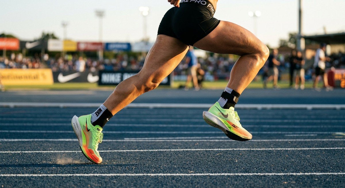 Close-up of a runner's legs in motion, showing the sharp texture of modern carbon-plated racing shoes on a track surface.