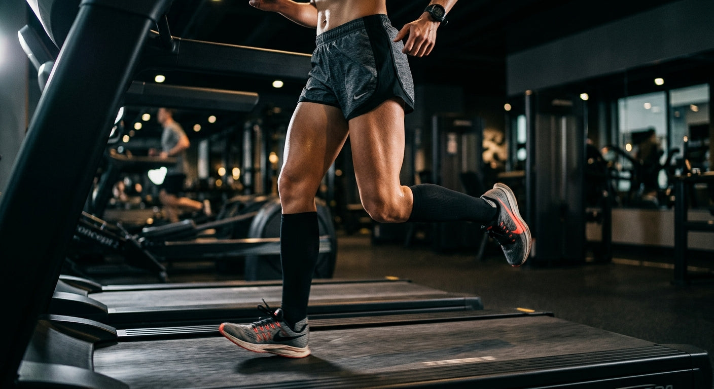 Close-up of a runner's legs on a treadmill wearing high-performance moisture-wicking shorts with dramatic cinematic lighting.