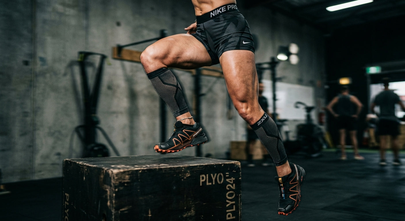 Close-up of a runner's legs showing compression gear and muscle engagement during an explosive box jump with dramatic motion blur and sharp textures.