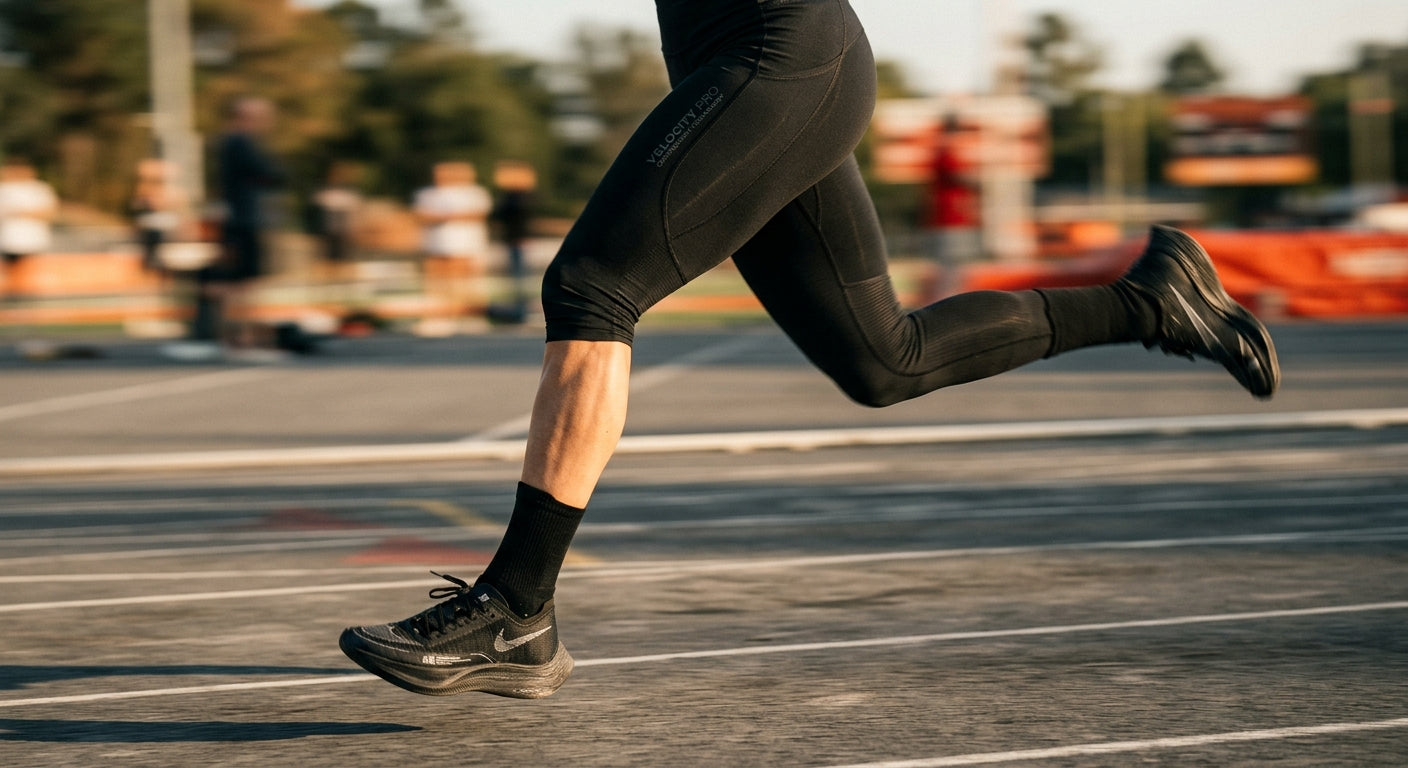Close-up of a runner's legs wearing professional-grade black compression recovery gear with a motion blur effect indicating high-speed movement.