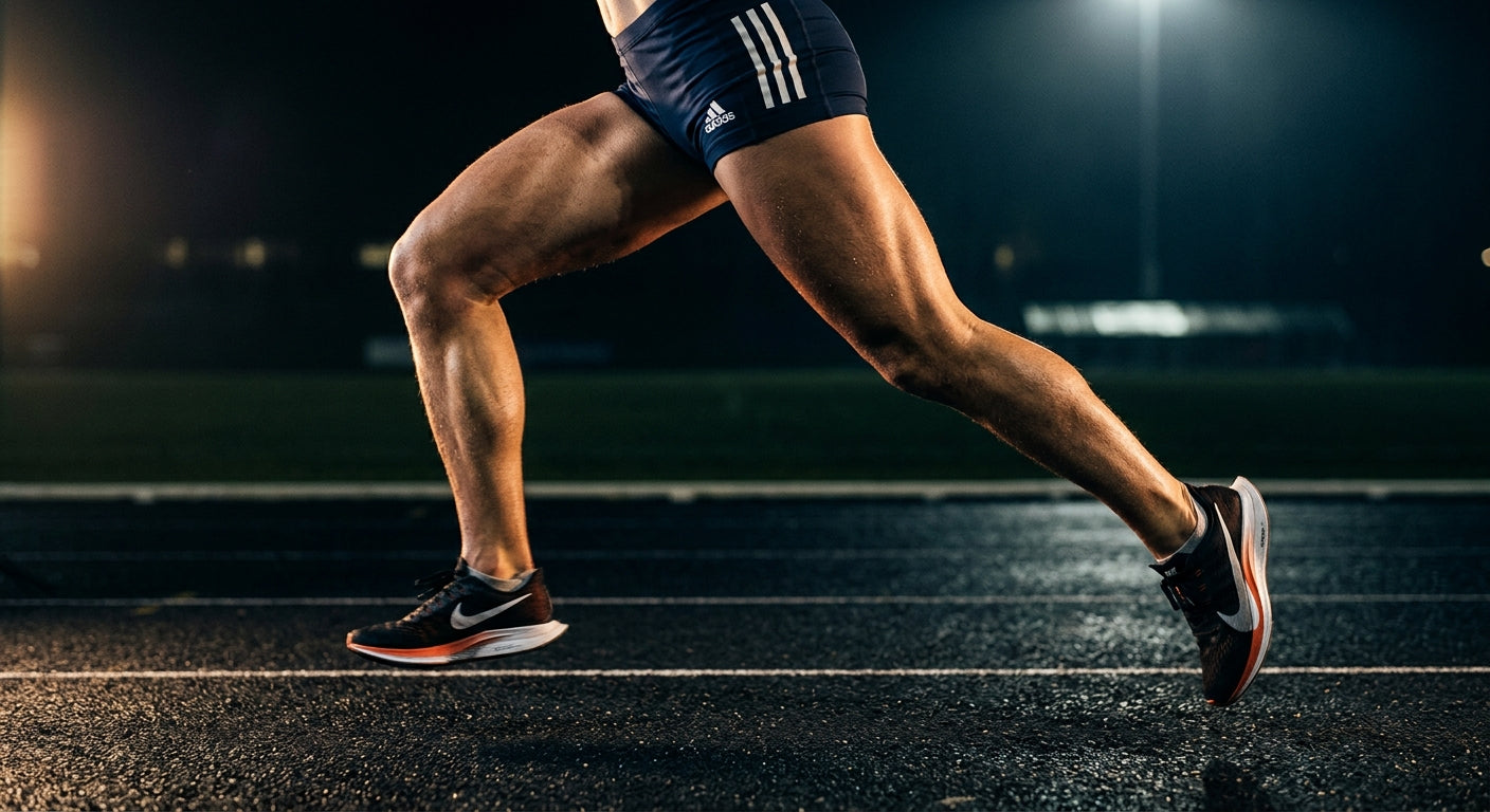 Close-up of a runner's muscular legs in motion, showcasing realistic textures and dramatic lighting contrast against a dark track background.