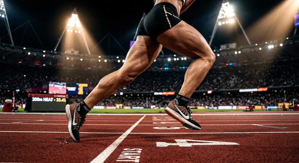Close-up of a runner's muscular legs in motion with dramatic stadium lighting and sharp, realistic textures.