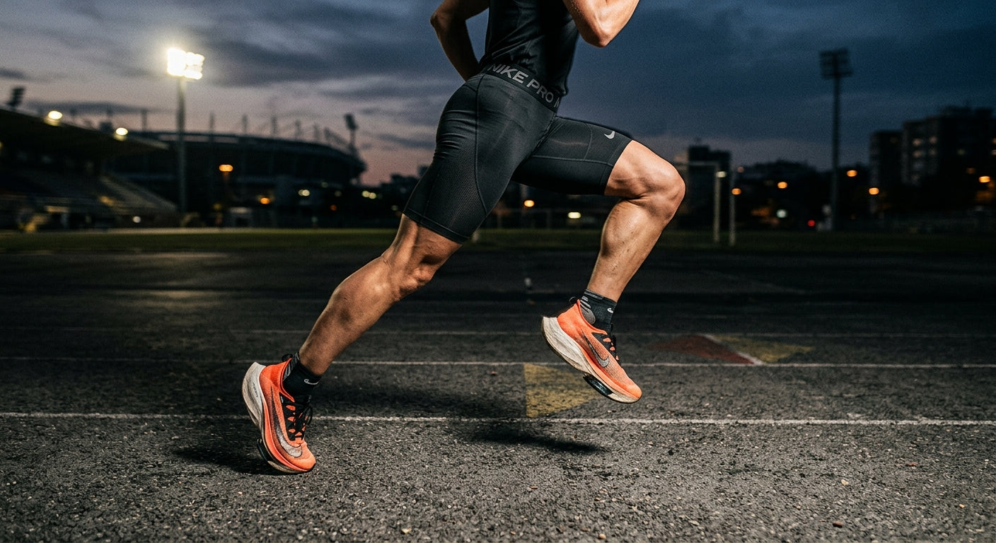 Close-up of a runner's muscular legs in motion with dramatic cinematic lighting and sharp texture details.