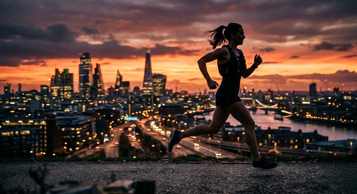 Close-up of a runner's silhouette against a high-contrast, cinematic background, showcasing sharp details and intense focus.