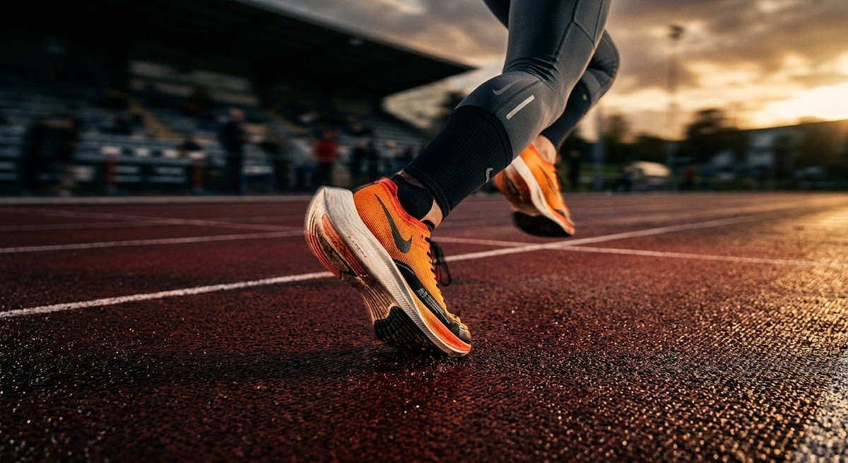 Close-up of a runner's trainers hitting a track with motion blur and high-contrast cinematic lighting