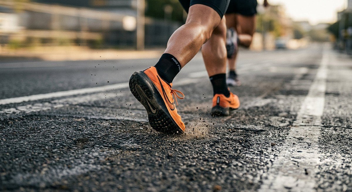Close-up of a runner's trainers hitting the pavement with sharp texture details and high-speed motion blur