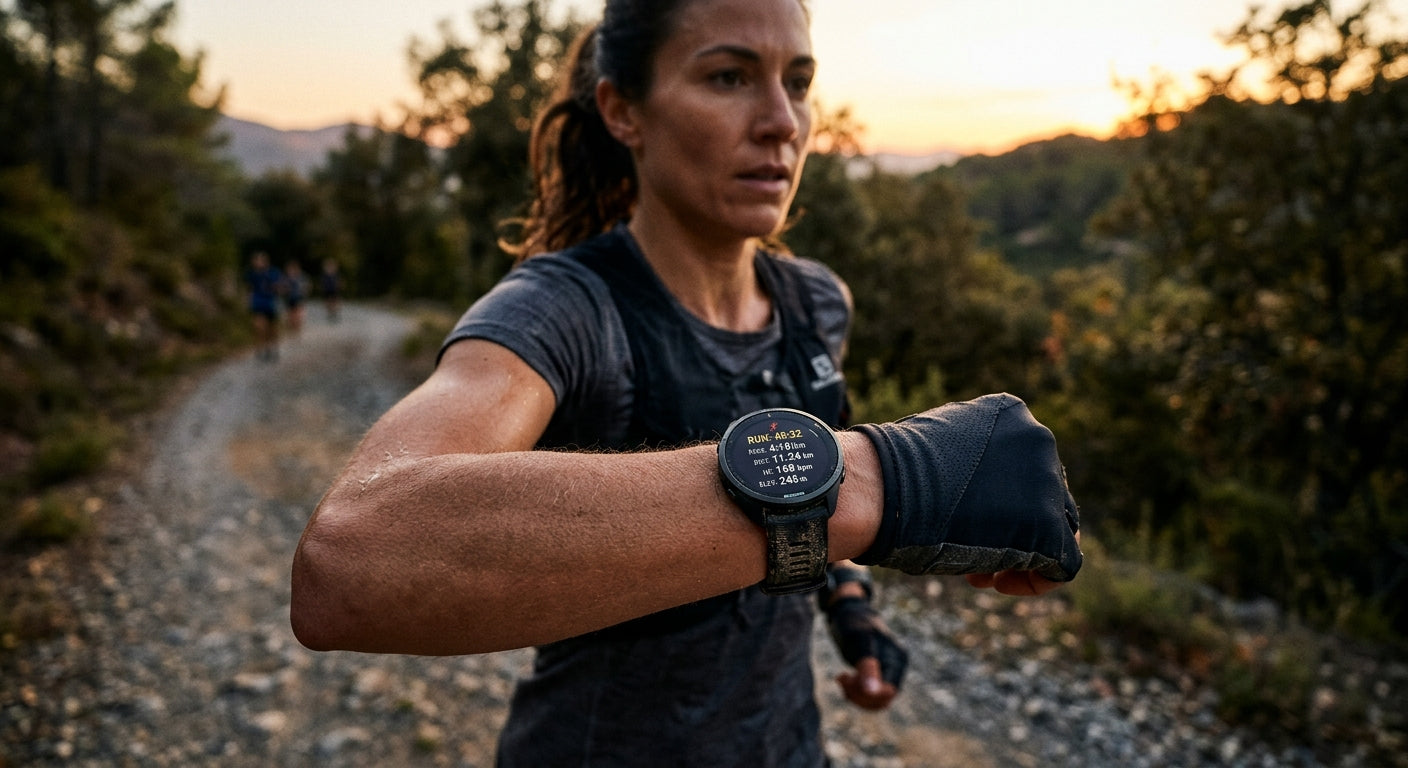 Close-up of a runner's watch showing performance data, captured with sharp focus and realistic textures.