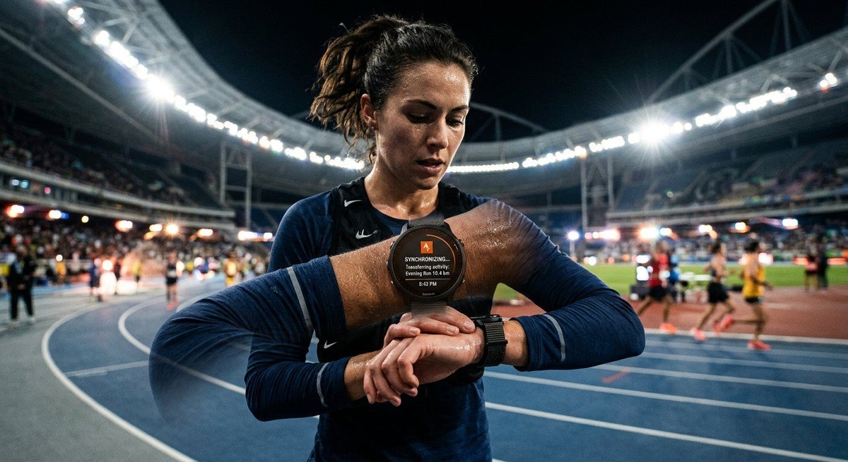 Close up of a runner's watch synchronising data with the Strava app against a backdrop of cinematic stadium lights
