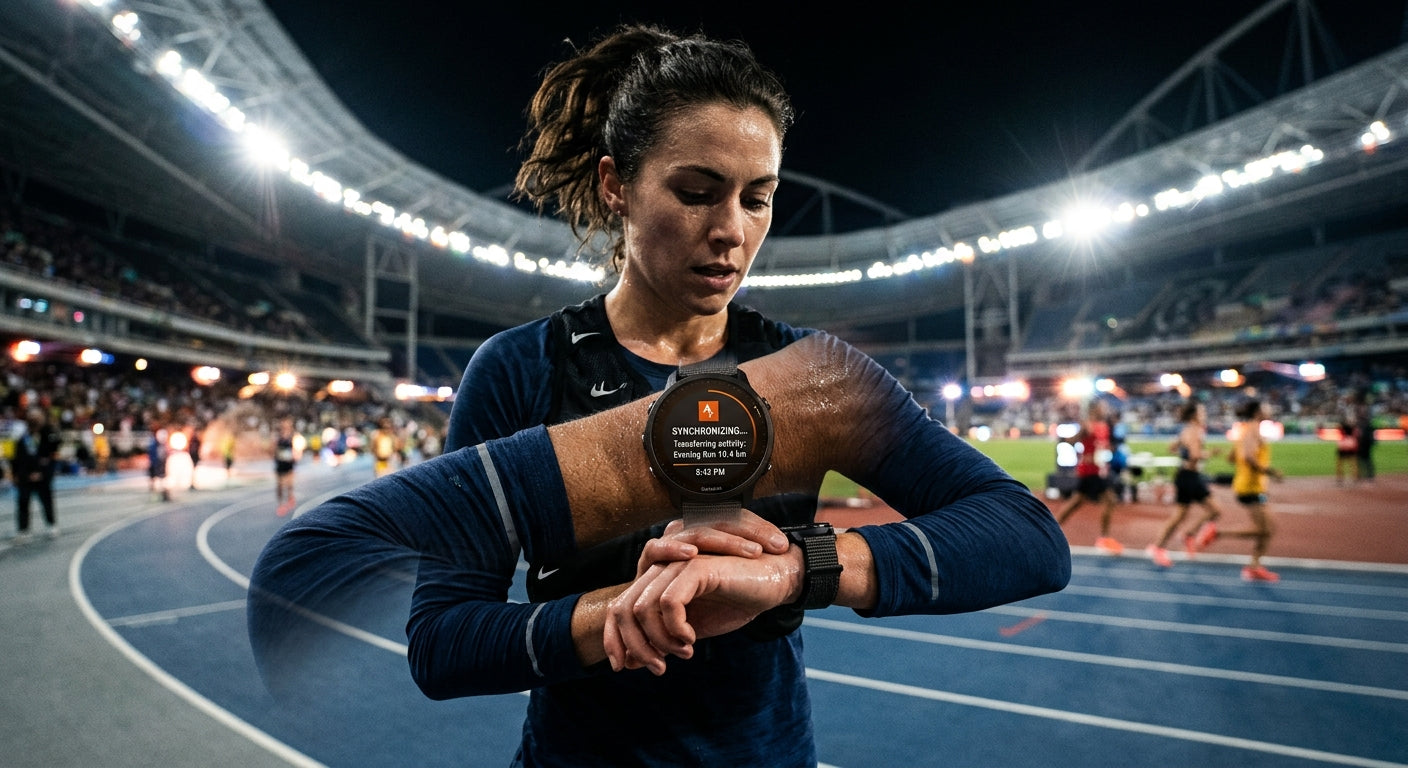 Close up of a runner's watch synchronising data with the Strava app against a backdrop of cinematic stadium lights