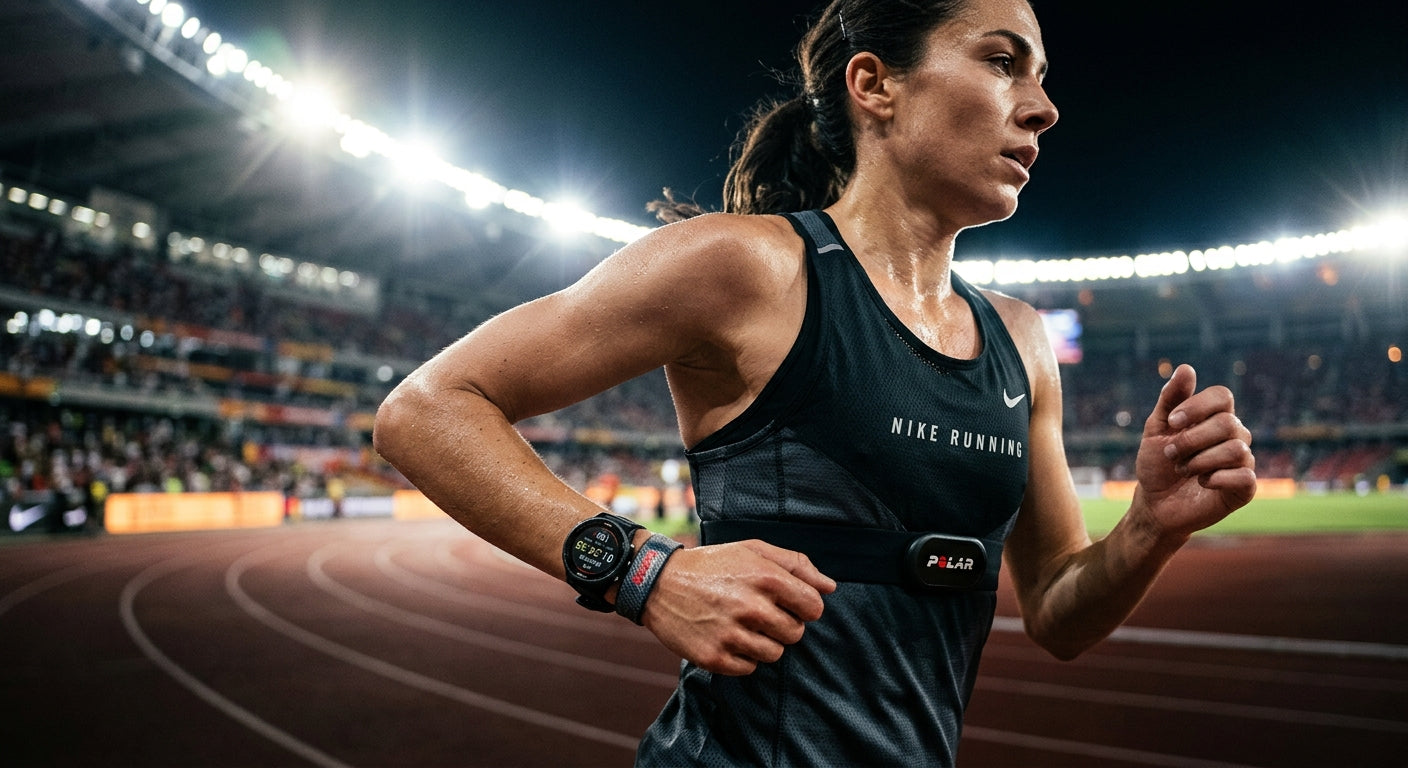 Close-up of a runner's wrist and chest strap sensor under cinematic stadium lighting, emphasising high-tech athletic gear.