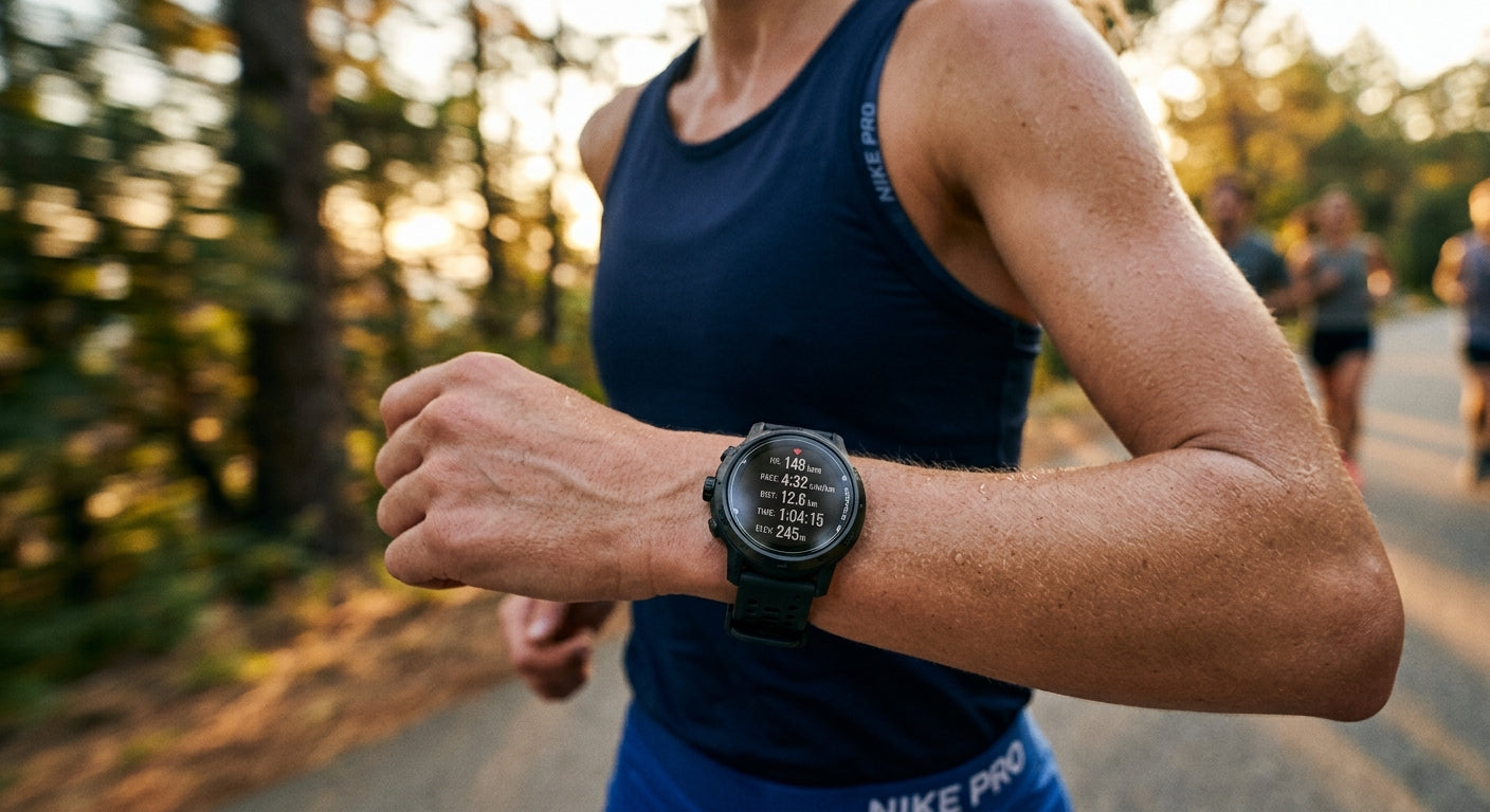 Close-up of a runner's wrist displaying biometric data on a digital sports watch with sharp focus and motion blur in the background.