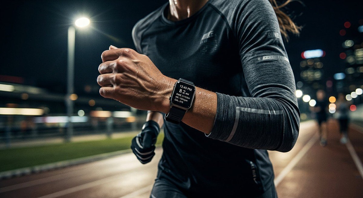Close-up of a runner's wrist showing a sleek fitness tracker with sharp focus and dramatic lighting, highlighting the technical precision of the device.