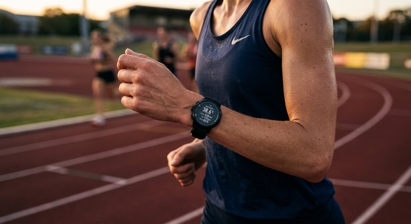 Close-up of a runner's wrist watch displaying real-time core body temperature metrics against a blurred background of a high-speed track session.