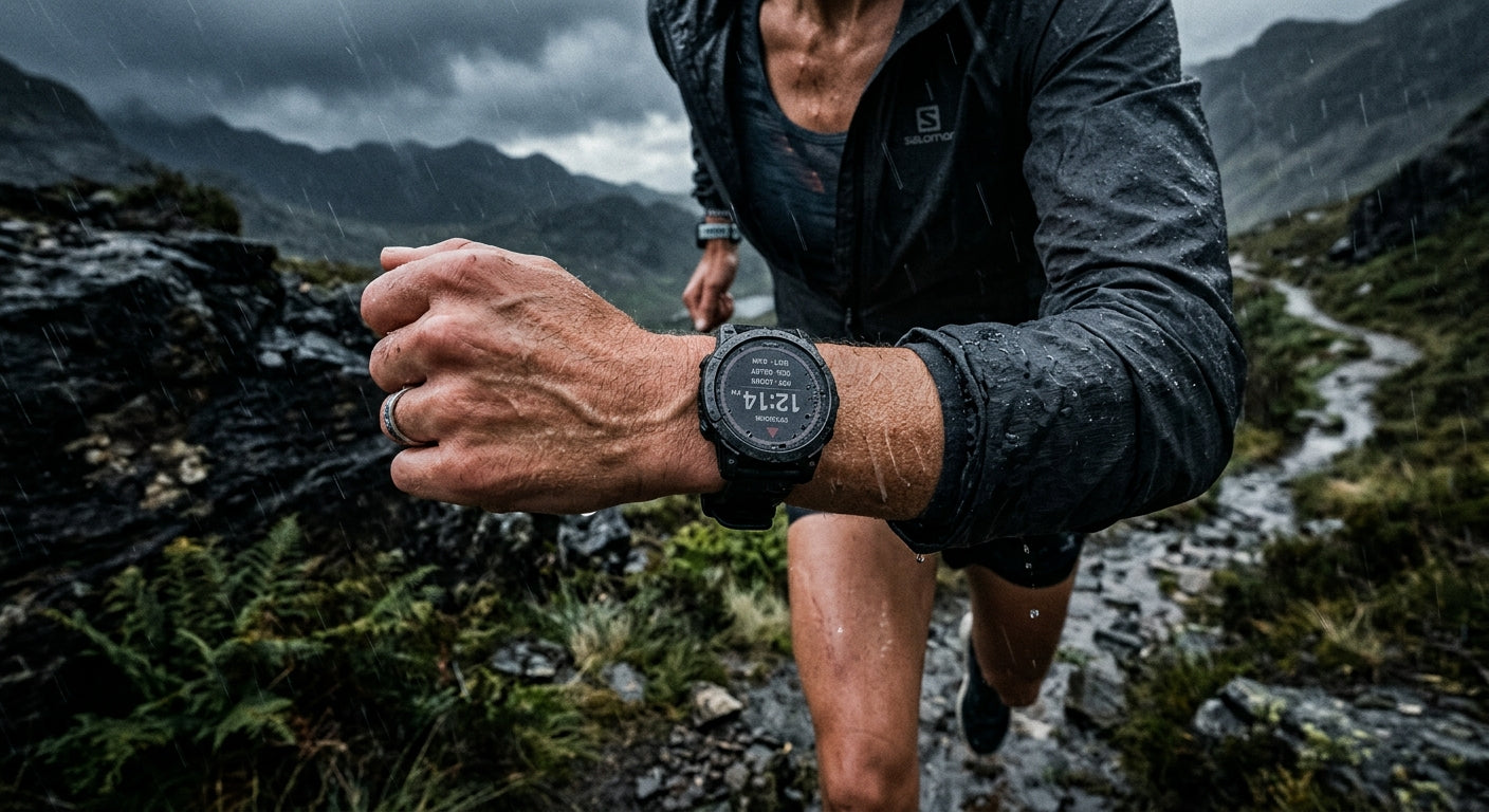 Close up of a runner's wrist wearing a heavy duty satellite emergency messaging watch during a high-speed sprint, featuring realistic skin textures, heavy rain drops, and dramatic contrast in a wild off-grid landscape.