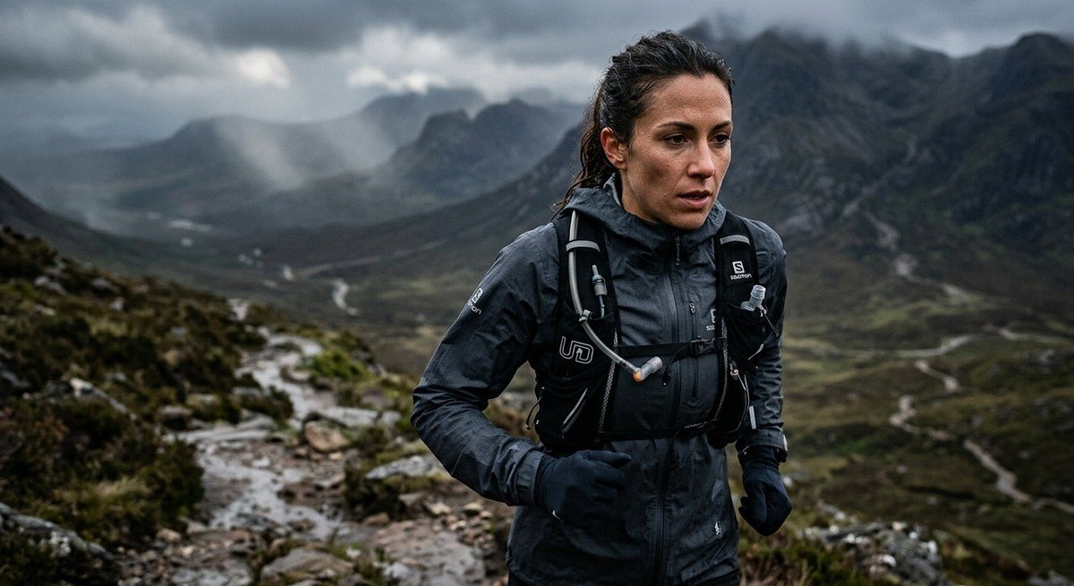 Close-up of a runner wearing a high-tech hydration pack and windproof jacket, captured with a shallow depth of field in a moody, atmospheric mountain environment.