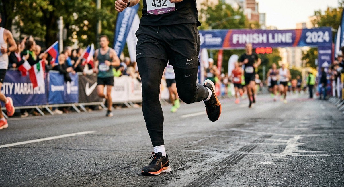 Close up of a runner wearing functional training shorts and compression tights during a race