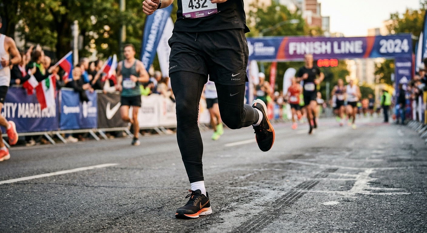 Close up of a runner wearing functional training shorts and compression tights during a race
