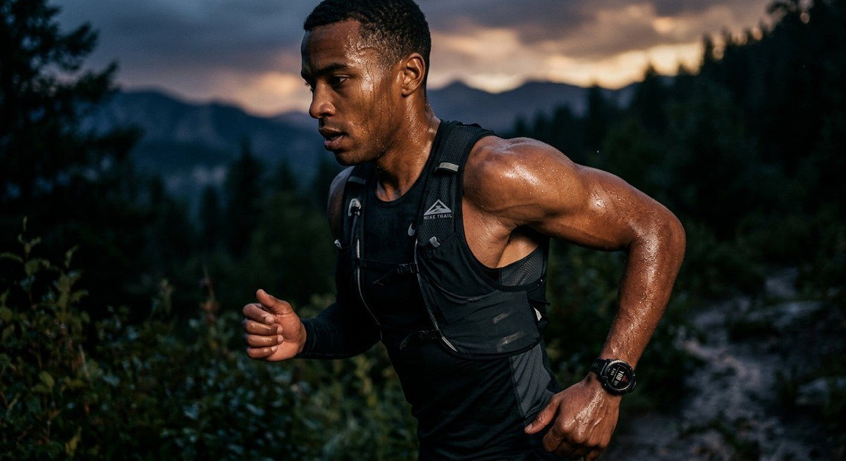 Close-up of a runner wearing high-end compression gear, with moody cinematic lighting highlighting sweat and muscle texture.