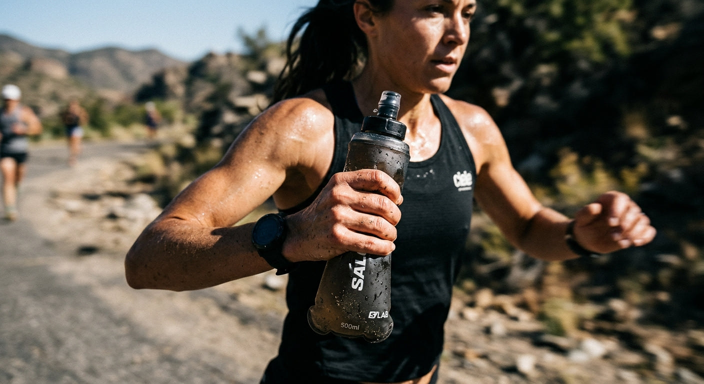 Close up of a soft hydration flask used by a runner on a hot day with running motion blur and sharp contrast.