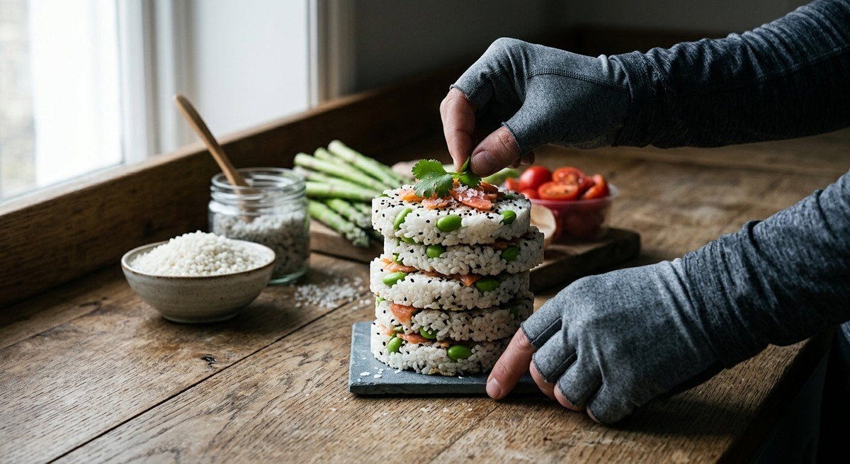 Close-up of a stack of freshly prepared, gourmet rice cakes on a wooden kitchen surface with raw ingredients like sushi rice and sea salt.